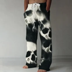 Halloween Men's Halloween Costumes Skulls Trousers Baggy Pants Casual Pants Mid Waist Casual Outdoor Vacation Elastic Drawstring Waist Linen-Like Pants with Pockets Spring Fall 3D Print Black Brown