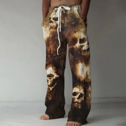 Halloween Men's Halloween Costumes Skulls Trousers Baggy Pants Casual Pants Mid Waist Casual Outdoor Vacation Elastic Drawstring Waist Linen-Like Pants with Pockets Spring Fall 3D Print Black Brown