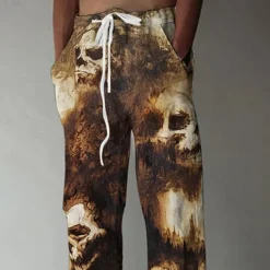 Halloween Men's Halloween Costumes Skulls Trousers Baggy Pants Casual Pants Mid Waist Casual Outdoor Vacation Elastic Drawstring Waist Linen-Like Pants with Pockets Spring Fall 3D Print Black Brown