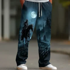 Halloween Men's Halloween Costumes Headless Horseman Trousers Baggy Pants Casual Pants Mid Waist Dark Gothic Style Holiday Elastic Drawstring Waist Linen-Like Pants with Pockets Spring Fall 3D Print