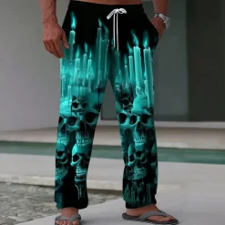 Halloween Men's Halloween Costumes Skulls Trousers Baggy Pants Casual Pants Mid Waist Dark Gothic Style Holiday Elastic Drawstring Waist Linen-Like Pants with Pockets Spring Fall 3D Print Black Green