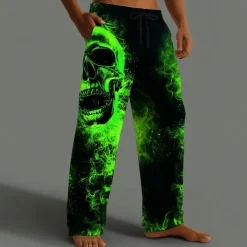 Halloween Men's Halloween Costumes Skulls Trousers Baggy Pants Casual Pants Mid Waist Dark Gothic Style Holiday Elastic Drawstring Waist Linen-Like Pants with Pockets Spring Fall 3D Print Black Green
