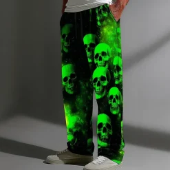 Halloween Men's Halloween Costumes Skulls Trousers Baggy Pants Casual Pants Mid Waist Dark Gothic Style Holiday Elastic Drawstring Waist Linen-Like Pants with Pockets Spring Fall 3D Print Black Brown