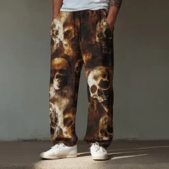 Halloween Men's Halloween Costumes Skulls Trousers Baggy Pants Casual Pants Mid Waist Dark Gothic Style Holiday Elastic Drawstring Waist Linen-Like Pants with Pockets Spring Fall 3D Print Black Brown