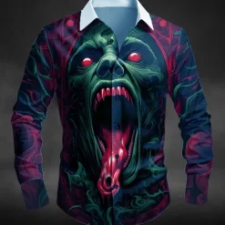 Halloween Men's Halloween Costumes Monster Shirt Button Up Shirt Long Sleeve Dark Punk Gothic Style Outdoor Holiday Summer Spring Turndown 3D Print Collared Shirts Red Blue Green