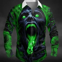 Halloween Men's Halloween Costumes Monster Shirt Button Up Shirt Long Sleeve Dark Punk Gothic Style Outdoor Holiday Summer Spring Turndown 3D Print Collared Shirts Red Blue Green