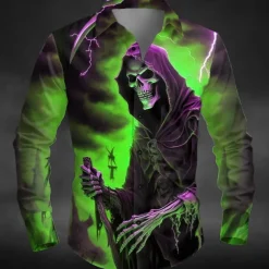 Halloween Men's Lightening Death Halloween Costumes Shirt Button Up Shirt Long Sleeve Dark Punk Gothic Style Outdoor Holiday Summer Spring Turndown 3D Print Collared Shirts Yellow Orange Green