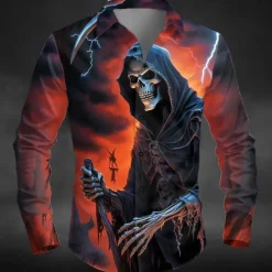 Halloween Men's Lightening Death Halloween Costumes Shirt Button Up Shirt Long Sleeve Dark Punk Gothic Style Outdoor Holiday Summer Spring Turndown 3D Print Collared Shirts Yellow Orange Green