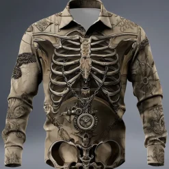 Halloween Men's Optical Illusion Skeleton Shirt Button Up Shirt Long Sleeve Dark Punk Gothic Style Outdoor Holiday Summer Spring Turndown 3D Print Collared Shirts Purple Brown
