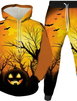 Halloween Men's Owl Pumpkin 2pcs 3D Sweatshirt Sets Tracksuit Hoodie Sweatshirt Long Sleeve Long pants Hooded Casual Daily Athleisure Festival Outfit 3D Print Spring Fall Winter Yellow Orange