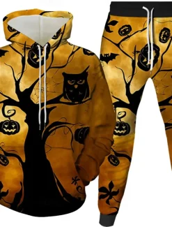 Halloween Men's Owl Pumpkin 2pcs 3D Sweatshirt Sets Tracksuit Hoodie Sweatshirt Long Sleeve Long pants Hooded Casual Daily Athleisure Festival Outfit 3D Print Spring Fall Winter Yellow Orange