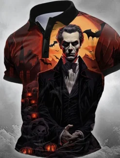 Halloween Men's People Polo Short Sleeve Polo Shirts Collared Shirts Casual Horror Dark Athleisure Streetwear Festival Outfit Buttons Summer Black Red Orange