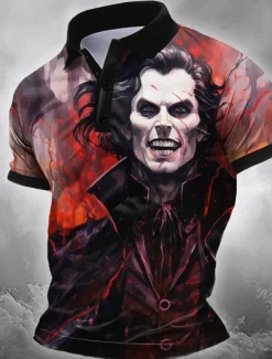 Halloween Men's People Polo Short Sleeve Polo Shirts Collared Shirts Casual Horror Dark Athleisure Streetwear Festival Outfit Buttons Summer Black Red Orange