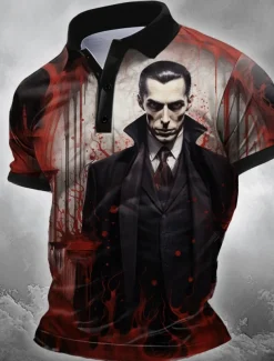 Halloween Men's People Polo Short Sleeve Polo Shirts Collared Shirts Casual Horror Dark Athleisure Streetwear Festival Outfit Buttons Summer Black Red Orange