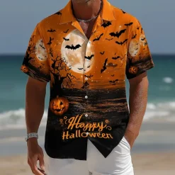 Halloween Men's Pumpkin Cemetery Halloween Costumes Shirt Cuban Collar Shirt Button Up Shirt Short Sleeve Dark Punk Gothic Style Holiday Streetwear Summer Camp Collar Shirt 3D Print Orange red Orange