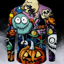 Halloween Men's Pumpkin Grimace Halloween Costumes Button Up Shirt Long Sleeve Casual Dark Party Evening Wear Fall Winter Spring & Summer Shirt Collar Button Up 3D Print Multi Color