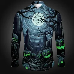 Halloween Men's Pumpkin Grimace Halloween Costumes Shirt Button Up Shirt Long Sleeve Horror Dark Party Evening Wear Fall Winter Spring & Summer Turndown Shirt Collar Button Up 3D Print Black Red Blue