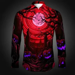 Halloween Men's Pumpkin Grimace Halloween Costumes Shirt Button Up Shirt Long Sleeve Horror Dark Party Evening Wear Fall Winter Spring & Summer Turndown Shirt Collar Button Up 3D Print Black Red Blue