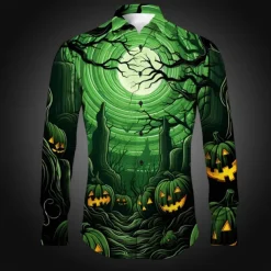 Halloween Men's Pumpkin Grimace Halloween Costumes Shirt Button Up Shirt Long Sleeve Horror Dark Party Evening Wear Fall Winter Spring & Summer Turndown Shirt Collar Button Up 3D Print Black Red Blue