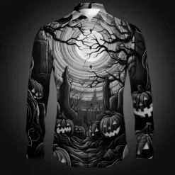 Halloween Men's Pumpkin Grimace Halloween Costumes Shirt Button Up Shirt Long Sleeve Horror Dark Party Evening Wear Fall Winter Spring & Summer Turndown Shirt Collar Button Up 3D Print Black Red Blue