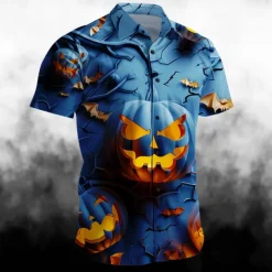 Halloween Men's Pumpkin Grimace Halloween Costumes Shirt Button Up Shirt Short Sleeve Casual Dark Party Evening Wear Summer Turndown Collared Shirts Button Up 3D Print Blue Purple