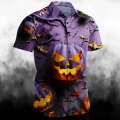 Halloween Men's Pumpkin Grimace Halloween Costumes Shirt Button Up Shirt Short Sleeve Casual Dark Party Evening Wear Summer Turndown Collared Shirts Button Up 3D Print Blue Purple
