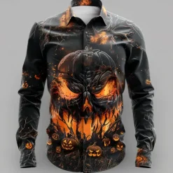 Halloween Men's Pumpkin Grimace Halloween Costumes Shirt Button Up Shirt Long Sleeve Casual Dark Party Evening Wear Fall Winter Spring & Summer Turndown Shirt Collar Button Up 3D Print Black