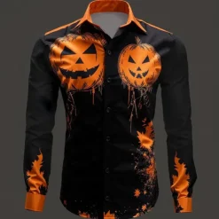 Halloween Men's Pumpkin Grimace Halloween Costumes Button Up Shirt Long Sleeve Casual Party Evening Wear Fall Winter Spring & Summer Turndown Shirt Collar Button Up 3D Print Orange