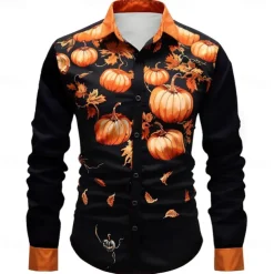Halloween Men's Pumpkin Halloween Costumes Button Up Shirt Long Sleeve Casual Party Evening Wear Fall Winter Spring & Summer Turndown Shirt Collar Button Up 3D Print Orange