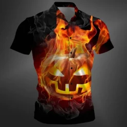 Halloween Men's Pumpkin Halloween Costumes Shirt Button Up Shirt Short Sleeve Casual Dark Party Evening Wear Daily Summer Winter Spring & Fall Turndown Button Up 3D Print Red Purple Orange Green
