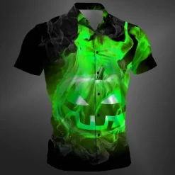 Halloween Men's Pumpkin Halloween Costumes Shirt Button Up Shirt Short Sleeve Casual Dark Party Evening Wear Daily Summer Winter Spring & Fall Turndown Button Up 3D Print Red Purple Orange Green