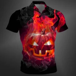 Halloween Men's Pumpkin Halloween Costumes Shirt Button Up Shirt Short Sleeve Casual Dark Party Evening Wear Daily Summer Winter Spring & Fall Turndown Button Up 3D Print Red Purple Orange Green