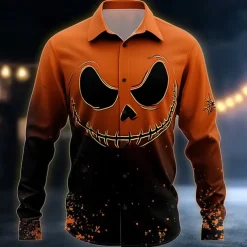 Halloween Men's Pumpkin Halloween Costumes Jack-o'-lantern Shirt Button Up Shirt Long Sleeve Dark Gothic Style Outdoor Holiday Summer Spring Turndown 3D Print Collared Shirts Black / Orange Orange