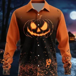 Halloween Men's Pumpkin Halloween Costumes Jack-o'-lantern Shirt Button Up Shirt Long Sleeve Dark Gothic Style Outdoor Holiday Summer Spring Turndown 3D Print Collared Shirts Black / Orange Orange