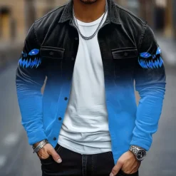 Halloween Men's Pumpkin Halloween Costumes Corduroy Shirt Shirt Jacket Overshirt Long Sleeve Dark Gothic Style Holiday Fall Winter Turndown Button-Down Warm Jacket with Flap Pockets Blue Purple