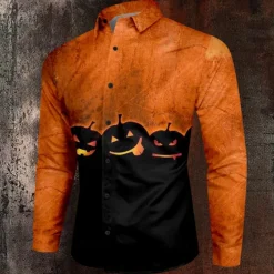 Halloween Men's Pumpkin Halloween Costumes Shirt Button Up Shirt Long Sleeve Casual Dark Party Evening Wear Fall Winter Spring & Summer Turndown Shirt Collar Button Up 3D Print Orange