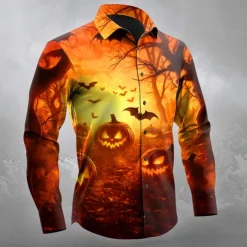 Halloween Men's Pumpkin Halloween Costumes Jack-o'-lantern Shirt Button Up Shirt Long Sleeve Dark Gothic Style Outdoor Holiday Spring Fall Turndown 3D Print Collared Shirts Orange red Yellow Black