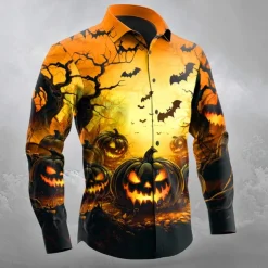 Halloween Men's Pumpkin Halloween Costumes Jack-o'-lantern Shirt Button Up Shirt Long Sleeve Dark Gothic Style Outdoor Holiday Spring Fall Turndown 3D Print Collared Shirts Orange red Yellow Black