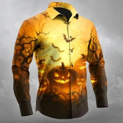 Halloween Men's Pumpkin Halloween Costumes Jack-o'-lantern Shirt Button Up Shirt Long Sleeve Dark Gothic Style Outdoor Holiday Spring Fall Turndown 3D Print Collared Shirts Orange red Yellow Black