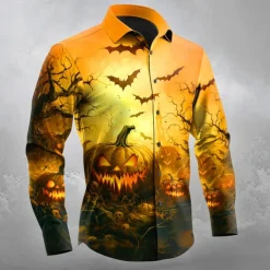 Halloween Men's Pumpkin Halloween Costumes Jack-o'-lantern Shirt Button Up Shirt Long Sleeve Dark Gothic Style Outdoor Holiday Spring Fall Turndown 3D Print Collared Shirts Orange red Yellow Black