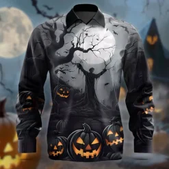 Halloween Men's Pumpkin Halloween Costumes Button Up Shirt Long Sleeve Horror Party Evening Wear Fall Winter Spring & Summer Shirt Collar 3D Print Black