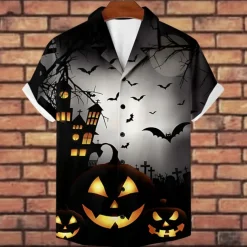 Halloween Men's Pumpkin Halloween Costumes Button Up Shirt Short Sleeve Horror Party Evening Wear Summer Camp Collar Cuban Collar Pocket 3D Print Black Blue Orange