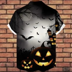 Halloween Men's Pumpkin Halloween Costumes Button Up Shirt Short Sleeve Horror Party Evening Wear Summer Camp Collar Cuban Collar Pocket 3D Print Black Blue Orange
