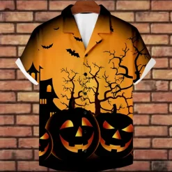 Halloween Men's Pumpkin Halloween Costumes Button Up Shirt Short Sleeve Horror Party Evening Wear Summer Camp Collar Cuban Collar Pocket 3D Print Black Blue Orange