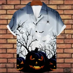 Halloween Men's Pumpkin Halloween Costumes Button Up Shirt Short Sleeve Horror Party Evening Wear Summer Camp Collar Cuban Collar Pocket 3D Print Black Blue Orange