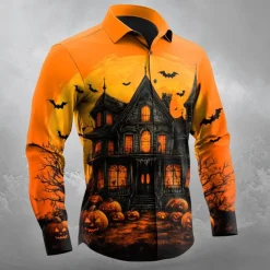 Halloween Men's Pumpkin Haunted House Jack-o'-lantern Shirt Button Up Shirt Long Sleeve Dark Gothic Style Outdoor Holiday Spring Fall Turndown 3D Print Collared Shirts Orange red Orange yellow Black