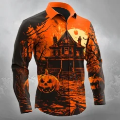 Halloween Men's Pumpkin Haunted House Jack-o'-lantern Shirt Button Up Shirt Long Sleeve Dark Gothic Style Outdoor Holiday Spring Fall Turndown 3D Print Collared Shirts Orange red Orange yellow Black