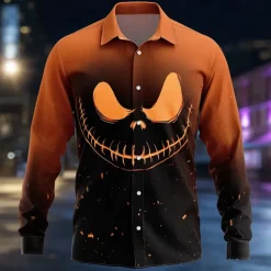 Halloween Men's Pumpkin Halloween Costumes Jack-o'-lantern Shirt Button Up Shirt Long Sleeve Dark Gothic Style Outdoor Holiday Summer Spring Turndown 3D Print Collared Shirts Black / Orange Orange