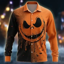 Halloween Men's Pumpkin Halloween Costumes Jack-o'-lantern Shirt Button Up Shirt Long Sleeve Dark Gothic Style Outdoor Holiday Summer Spring Turndown 3D Print Collared Shirts Black / Orange Orange