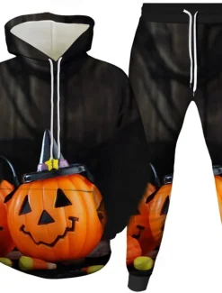 Halloween Men's Pumpkin 2pcs 3D Sweatshirt Sets Tracksuit Hoodie Sweatshirt Long Sleeve Long pants Hooded Casual Daily Athleisure Festival Outfit 3D Print Spring Fall Winter Black Blue Orange
